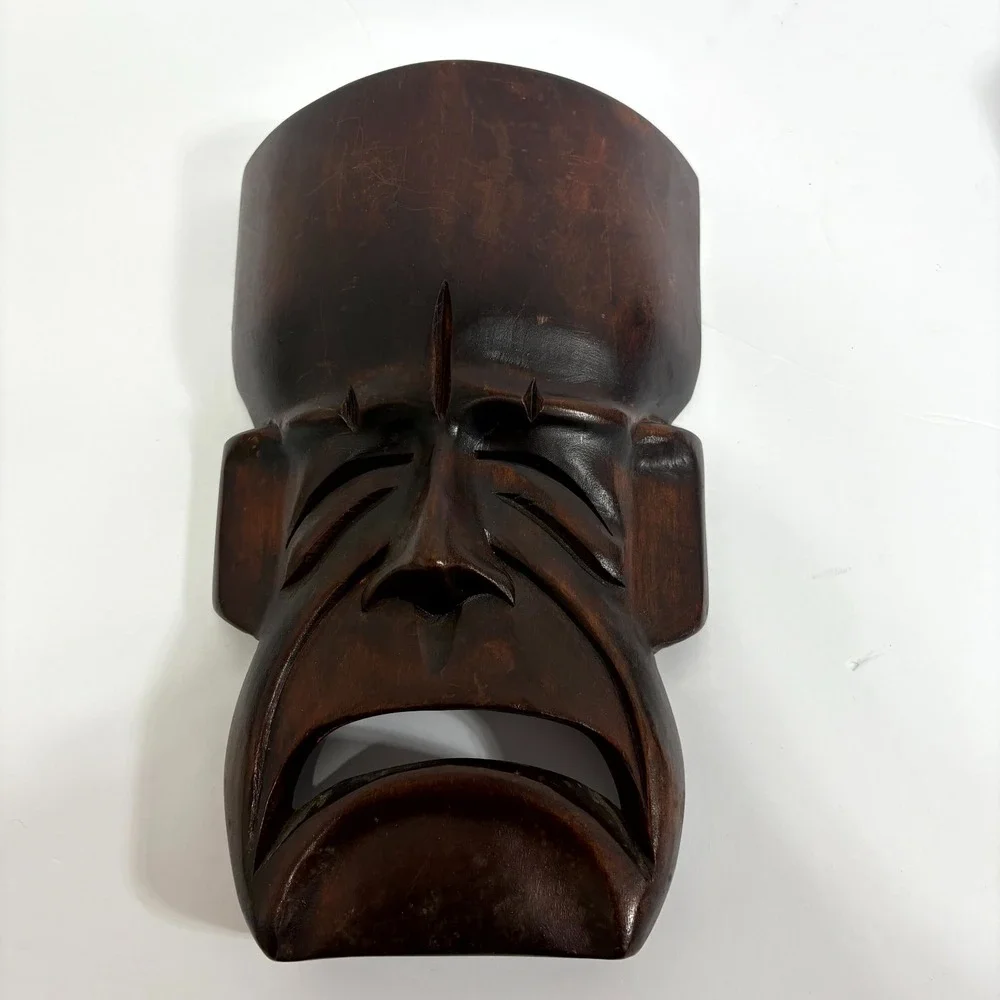 2 Vintage Hand Carved Wood Comedy Tragedy Drama Masks Natural Varnished Wall Art